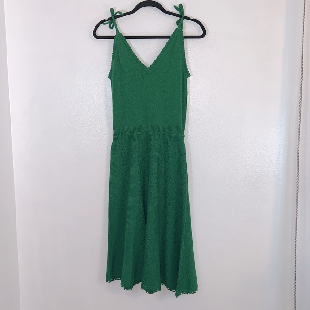 Vintage green knit A line dress ties at shoulder sundress midi feminine - Picture 6 of 14